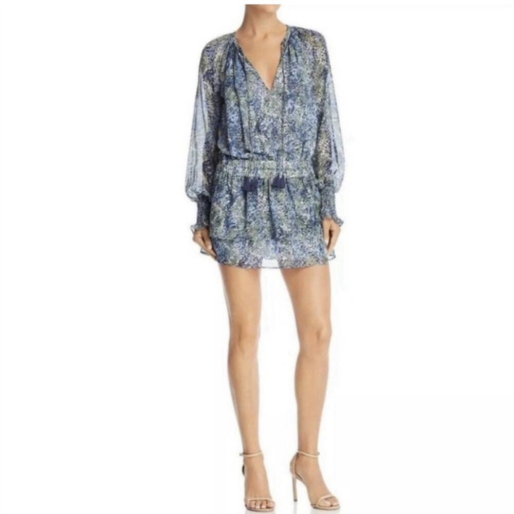 Ramy Brook Paisley Printed Brin Silk Dress $465 Small S Boho Tassels Tiered Blue